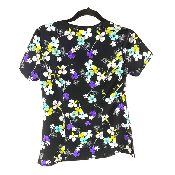 Cherokee Infinity Women's Scrub Top Size X Small Black Blue White Flowers - Picture 3 of 7